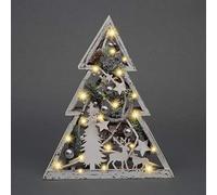 43cm Christmas Pre-Lit Wooden Warm White LED Tree Frame Tabletop Centrepiece Decoration with Pinecones and Baubles Holiday Home Décor