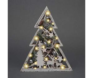 43cm Christmas Pre-Lit Wooden Warm White LED Tree Frame Tabletop Centrepiece Decoration with Pinecones and Baubles Holiday Home Décor