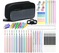 43pcs Aesthetic School Supplies Set - Large Capacity Pencil Pouch, 12 Pastel Highlighters, 5 Black Gel Pens, 6 Macaron Pencils, Sharpeners, Sticky Notes, Ruler, Stationery Gift for Students (Black)