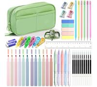 43pcs Aesthetic School Supplies Set - Large Capacity Pencil Pouch, 12 Pastel Highlighters, 5 Black Gel Pens, 6 Macaron Pencils, Sharpeners, Sticky Notes, Ruler, Stationery Gift for Students (Green)