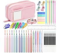 43pcs Aesthetic School Supplies Set - Large Capacity Pencil Pouch, 12 Pastel Highlighters, 5 Black Gel Pens, 6 Macaron Pencils, Sharpeners, Sticky Notes, Ruler, Stationery Gift for Students (Pink)
