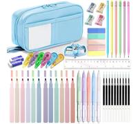 43pcs Aesthetic School Supplies Set - Large Capacity Pencil Pouch, 12 Pastel Highlighters, 5 Black Gel Pens, 6 Macaron Pencils, Sharpeners, Sticky Notes, Ruler, Stationery Gift for Students (Blue)