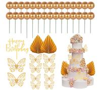 43Pcs Gold Ball Palm Fan Butterfly Cake Topper Set, Happy Birthday Round Ball Leaf Cupcake Decorations, Decorating Mini Foam Balloon Cake Inserts, Bubble Palm Spear Cake Toppers for DIY Wedding