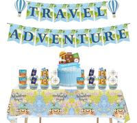 43pcs Travel Birthday Party Decorations Kit with Adventure Banner Balloons Cupcake Toppers Cake Topper Featuring World Map Airplane Suitcase Designs Perfect for Kids Birthday School Picnic Events