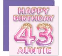 43rd Birthday Card for Auntie - Pink & Purple Glitter Balloons - Happy Birthday Cards for 43 Year Old Aunt Aunty from Nephew Niece, 145mm Bday Greeting Cards Gift