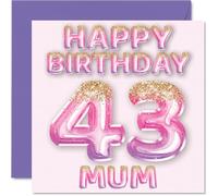 43rd Birthday Card for Mum - Pink & Purple Glitter Balloons - Happy Birthday Cards for 43 Year Old Mum Mother from Son Daughter, 145mm Bday Greeting Cards Gift