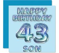 43rd Birthday Card for Son - Blue Glitter Party Balloons - Happy Birthday Cards for 43 Year Old Son from Mum Dad Parents, 145mm x 145mm Bday Greeting Cards Gift