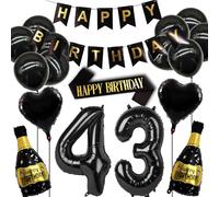 43rd Birthday Decorations Set Women and Men, Black Gold 43 Birthday Decoration Balloon, 43rd Birth Party Supplies Including Banner, Shoulder Strap and Wine Bottle Balloon