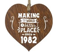 43rd Birthday Wooden Heart Plaque - Making the world a better place - Dark Wood Sign Keepsake, Celebrate Birthday Nan Grandad Mum Dad, Plaque with Quotes Gifts from the Family