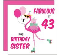 43rd Sister Birthday Card - Fabulous Flamingo - Pink Cute Sisters Birthday Card for 43 Year old Forty Three, Forty Third