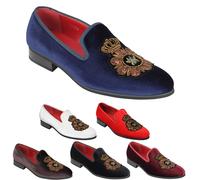 Xposed Mens Velvet Loafers Bee & Crown Embroidered Motif Vintage Dress Shoes Slip on Slippers[A2556H,10UK,Coffee]