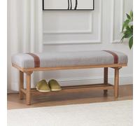 44-Inch Mid Century Modern Teddy Fleece Upholstered Bench - Solid Wood Frame 300lbs Capacity Stylish Entryway Shoe Storage with PU Straps for Living Room Hallway Bedroom (Light Grey)