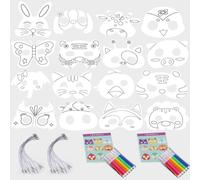 44 PCS Animal Masks Set for Kids DIY, Halloween Kid Masks Including 16 PCS White Card Color-in Masks with 16 PCS Cords and 12 PCS Colorful Pens for Birthday Party Bag Fillers
