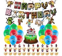 44 Pcs MC Birthday Decorations Set with Banner, 6 Hanging Swirls, 12 Latex Balloons, 1 Cake Topper & 12 Small Cupcake Toppers for Themed Parties, Gaming Celebrations
