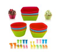 44 Pcs Silicone Lunch Box Dividers Set, Includes 24 Reusable Silicone Cupcake Baking Cups and 20 Cute Animal Food Picks, Non-Stick Muffin Liners for Party