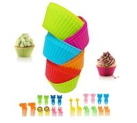 44 Pcs Silicone Lunch Box Dividers Set, Includes 24 Reusable Silicone Round Baking Cups and 20 Cute Animal Food Picks, Non-stick Muffin Cupcake Liners for Party