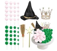 44 Pcs Wicked Cake Topper, Witch Theme Party Supplies Green and Pink Mini Balloons Cake Topper, Plastic Crown and Black Women Witch Hat Fantasy Decoration Balls for Birthday Decoration