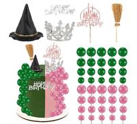 44 Pieces Pink and Green Cake Decorations with Mini Black Witch Hat, Silver Crown, Broom, Balloons, Happy Birthday Cake Topper for Girls Women Princess Witch Birthday Party Decorations Supplies