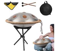 440Hz Handpan Drum Instrument, D Minor 12 Notes 22" Steel Hand Drum With Soft Handpan Bag, 2 Handpan Maillets, Handpan Stand For Sound Healing, Personal Meditation And Relaxation(Silver,10Notes)