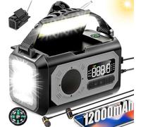44400mWh/12000mAh Emergency Hand Crank Radio, Portable Solar AM/FM/NOAA Weather Radio With 2 Solar Panels, 3 Charging Methods, SOS Alarm, Flashlight, Phone Charger, Compass, Reading Lamp