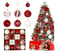 44PCS Christmas Baubles Plastic, Christmas Baubles Ornaments White & Red, Xmas Tree Decorations for Outdoor Indoor