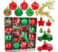 44PCS Christmas Baubles Plastic Shatterproof Hanging Ornaments for Christmas Tree Decorations, Green Red Xmas Tree Baubles, Cars