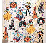 44Pcs Day of the Dead Hanging Swirls Decorations Mexican Skull Ceiling Hanging Spirals with Cutout Ornaments Dia de Muertos Party Streamers for Birthday Wedding Fiesta Halloween Supplies