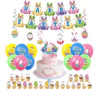 44Pcs Easter Bunny Decorations for Home Easter Day Party Balloons,Rabbit Decor Banner Bunting,Cake Toppers,Cute Bunny Hanging Swirls for Decorations Rabbit Egg Hunt Supplies