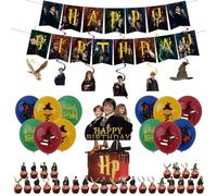 44Pcs Ha-rryPotter Birthday Decorations for Boys Home Magic Party Balloons,Happy Birthday Banner Bunting,Cake Toppers,Har-ry Potter Hanging Swirls for Kids Cartoon Magical Wizard Theme Party Supplies