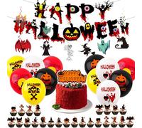 44Pcs Halloween Party Decorations Set for Home,Pumpkin Skull Scary Bloody Happy Halloween Banner Bunting,Halloween Party Cake Toppers,Latex Balloons Hanging Swirls for Kids Halloween Party Supplies