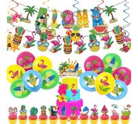 44pcs Hawaiian Tropical Party Decorations Set,Aloha Banner Bunting,Hawaii Latex Balloons Pineapple Palm Leaves Flamingo Cake Toppers Hanging Spiral for Summer Beach Hawaiian Theme PartySupplies