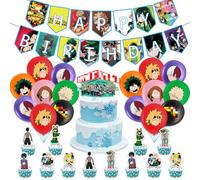 44PCS Hero Birthday Party Decoration, MHA Balloons Anime Cake Decorations, Cartoon Happy Birthday Banner Latex Balloons Cake Topper for Kids Boys Girls Birthday Theme Party