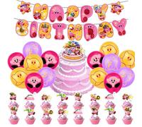 44PCS Kirby Party Decorations, Cartoon Theme Birthday Decorations With Banner Latex Balloons Cake Topper Cupcake Toppers, Kirby Birthday Party Supplies for Kids Boys And Girls