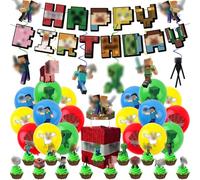 44Pcs MC Gaming Birthday Decorations for Boys Home Game Party Balloons,Happy Birthday Banner Bunting,Cake Toppers,Hanging Swirls for Kids Baby Shower Game Theme Party Supplies