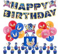 44Pcs Sonic Birthday Party Decorations for Boy,Cartoon Sonic Happy Birthday Banner,Sonic Latex Balloons Cake Toppers Hanging Spiral for Kids Boys Girls Sonic Theme Birth-day Party Supplies