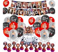 44PCS WE Birthday Decorations, Wrestl-s Balloons Cake Toppers with Happy Birthday Banner, Party Decorations for Kids Boys Girls