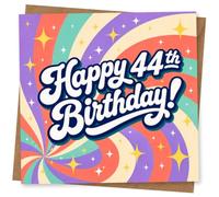 44th Birthday Card, Bright Retro Swirl with Star Details | Colourful retro swirl backdrop with star sparkles and bold “Happy 44th Birthday!”-a lively card for a 44th.