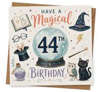 44th Birthday Card, Crystal Ball, Spellbook, Cats and Owls | Whimsical wizard scene with crystal ball, wand and hat, with cute cats, owls and scattered stars for a 44th.