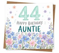 44th Birthday Card for Auntie, Floral Happy Birthday Card with Large Number 44, Lovely Pastel Wildflower Design for Aunt