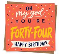 44th Birthday Card for Her, Coral Confetti ‘Oh My God’ | Coral background with sprinkle confetti and big brush-lettered “FORTY-FOUR” plus “Happy Birthday!” for her 44th.