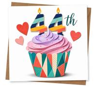 44th Birthday Card for Her, Cupcake & Stripe Candles | Celebrate her 44th with a bright cupcake topped by striped “44” candles, colourful sprinkles and heart motifs.