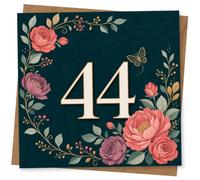44th Birthday Card for Her, Dark Teal Floral Number 44 | Refined dark teal backdrop with a bold 44, framed by pink and purple blooms and leafy borders-her 44th.