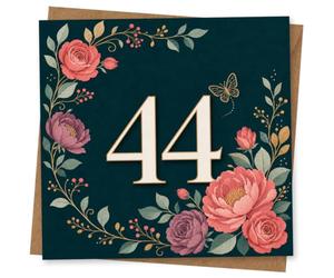 44th Birthday Card for Her, Dark Teal Floral Number 44 | Refined dark teal backdrop with a bold 44, framed by pink and purple blooms and leafy borders-her 44th.
