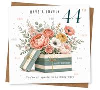 44th Birthday Card for Her, Floral Gift Box Bouquet | Pretty 44th design with striped gift boxes of flowers, scattered “44th” and the message “You’re so special in so many ways”.