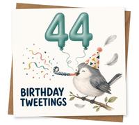 44th Birthday Card for Her, Teal 44 Balloons, Bird Pun | Mark her 44th with teal “44” balloon numbers, confetti and a party-hat bird blowing a horn, plus “Birthday Tweetings”.