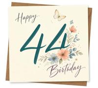 44th Birthday Card for Her, Teal 44, Florals & Butterfly | Soft botanical flowers and a butterfly frame the bold teal 44, finished with stylish handwritten script for her 44th.