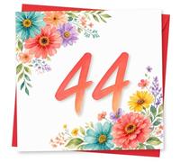 44th Birthday Card for Her, Watercolour Florals & 44 | Bold 44 sits in the centre with bright painted flowers and greenery-celebrate her 44th in colourful style.
