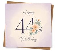 44th Birthday Card for Her, Watercolour Florals & Script | “Happy 44th Birthday” in flowing navy script with peach watercolour flowers, sage leaves and tiny dot confetti for her, 44th.