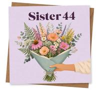 44th Birthday Card for Sister, Pastel Bouquet, 44 | Lilac card with bold “Sister 44” above a hand-held bouquet of pastel wildflowers-made for your sister’s 44th birthday.