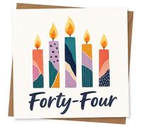 44th Birthday Card, Patterned Candles and “Forty-Four” | Five bright patterned candles above bold “Forty-Four” script; a cheerful, modern look for a 44th birthday.